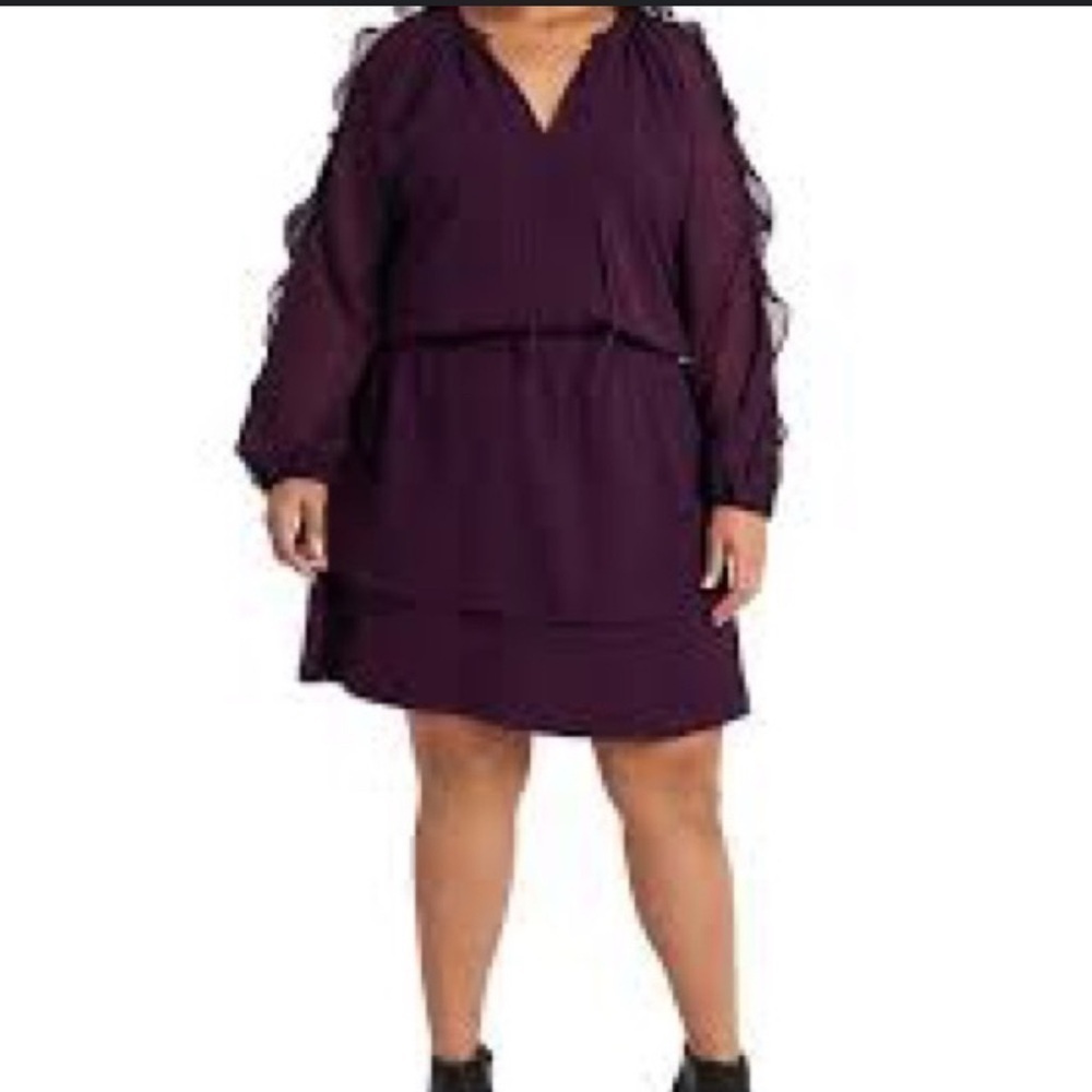 1. STATE Dress Plus 3X Deep Plum Smocked Waist Split Long Sleeve Party Short NWT